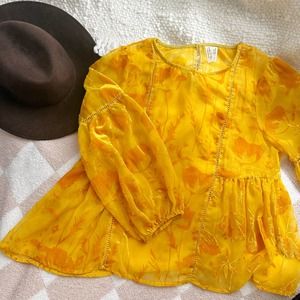 Meadow Rue by Anthropologie Yellow Cottagecore Sheer with Velvet Flowy Blouse